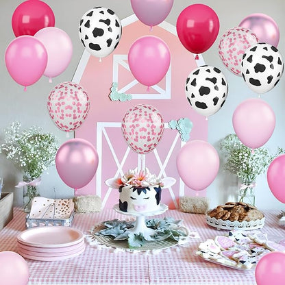 Pink Cow Balloons, 12Inch 50pcs Hot Pink Cow Balloons with Confetti Balloon for Girl Bithday Baby Shower Party Farm Animal Themed Party Decor