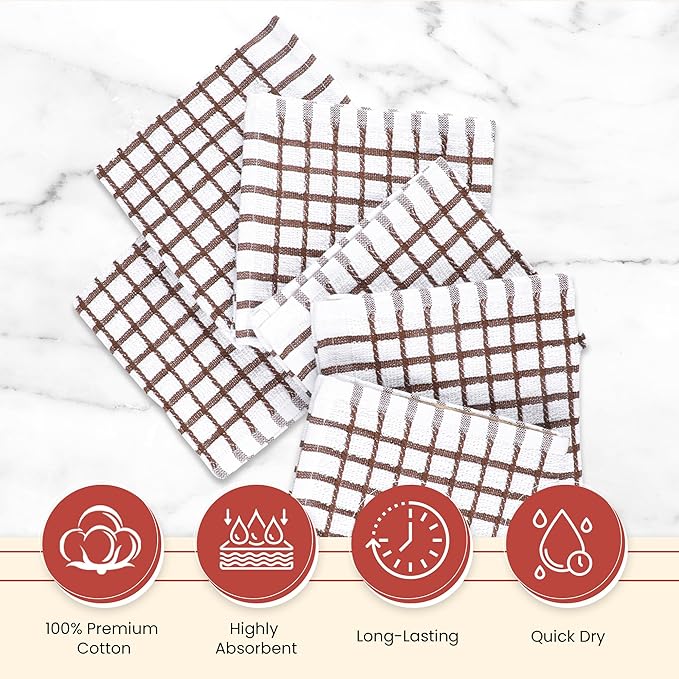 Vintage Vista 100% Cotton Dish Cloths (Pack of 6) - Dish Rags for Washing Dishes - Reusable & Highly Absorbent Kitchen Towels - Kitchen Rags for Christmas - (12" x 12" - Natural Brown Checkered)
