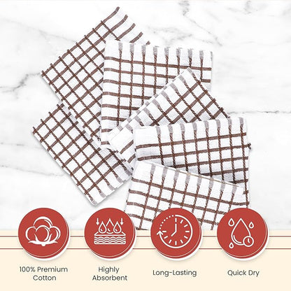Vintage Vista 100% Cotton Dish Cloths (Pack of 6) - Dish Rags for Washing Dishes - Reusable & Highly Absorbent Kitchen Towels - Kitchen Rags for Christmas - (12" x 12" - Natural Brown Checkered)