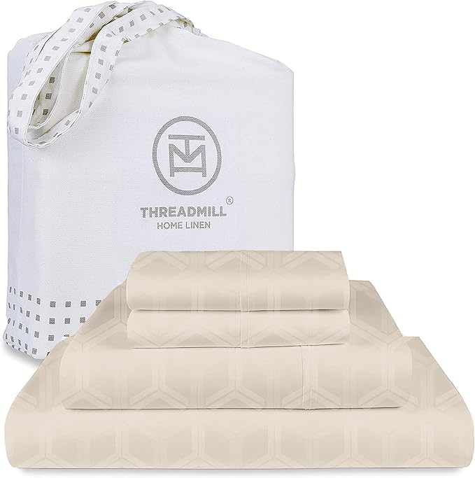 Threadmill 100% Cotton Sheets for Full Size Bed - 600 Thread Count Full Bed Sheets Set with 16” Deep Pocket - Jacquard Sateen Weave 4-Piece Bedding Set with Cooling Effect, Beige