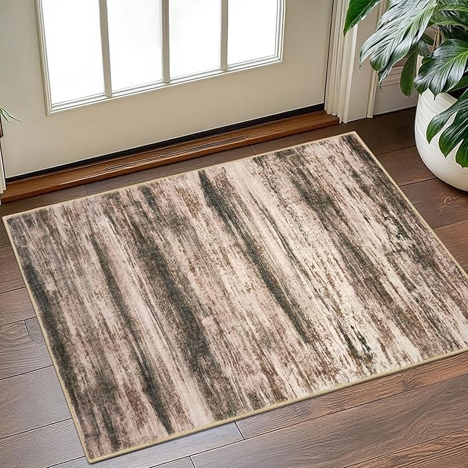 KOZYFLY Modern Abstract Small Area Rugs, 2x3 Washable Kitchen Rug Non-Slip Soft Small Bathroom Rug, Blush Brown Striped Entryway Rugs Abstract Print Faux Wool Doormat for Bedside Entrance Bedroom Sink