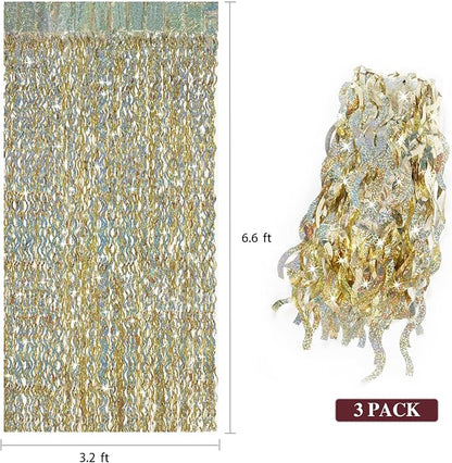 Champagne Gold Foil Fringe Backdrop - CYLMFC 3 Pack 3.3 ft x 6.6 ft Sparkle Tinsel Foil Fringe Backdrop Curtains for Birthday Anniversary Retirement Party Decorations