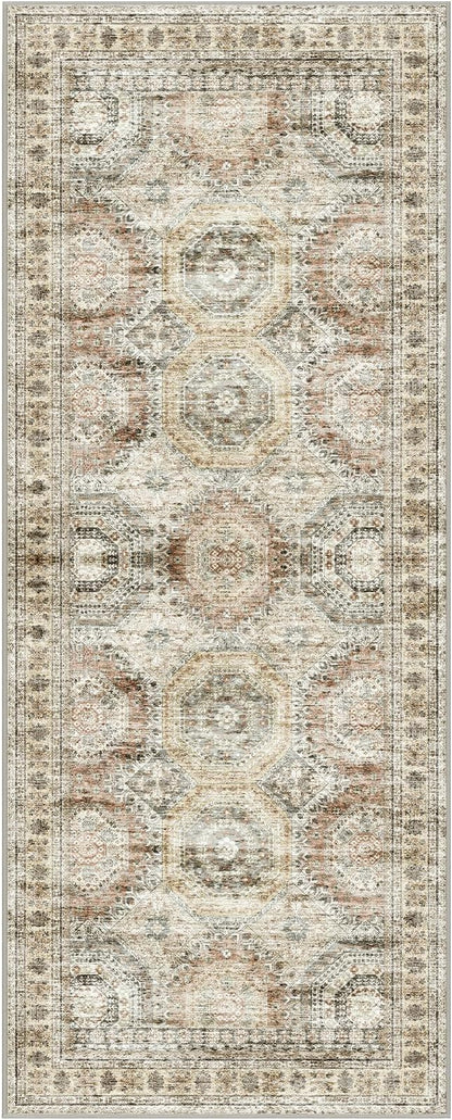 2x5 Rug Runner Washable for Entryway, Soft Bathroom Rugs with Non-Slip Backing, Abstract Low Pile Hallway Runner, Vintage Small Kitchen Carpet for Stair, Laundry Room(2'x5', Brown/Pink)