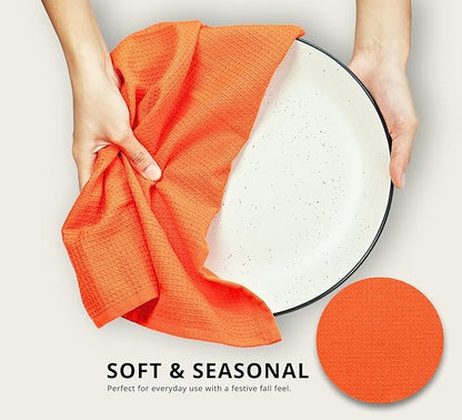 PurpleEssences Waffle Weave Kitchen Towel, 100% Cotton - 15 x 25 Inches, with Hanging Loop Ultra Soft Absorbent Quick Drying Dish Cloth, Tea and Hand Towels, 4 Pack Fall Thanksgiving - Orange