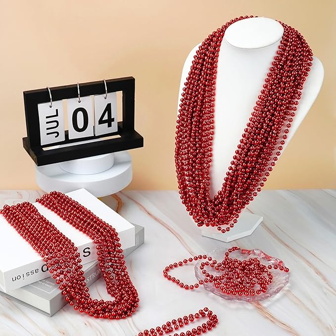 YAXINRUI 144 PCS Red Bead Necklaces, Red Christmas Mardi Gras Beads, Valentine Necklace, 33 Inch Round Beaded Necklace for Mardi Gras Christmas Valentine Festive Events Party Favors