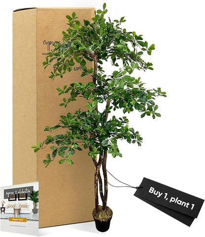 Cypress & Alabaster Handmade 6.5ft 3-Tier Italian Black Olive Leaf Artificial Tree with Ethically Sourced Real Wood Trunks, Hypoallergenic, 6.5-Foot, Green