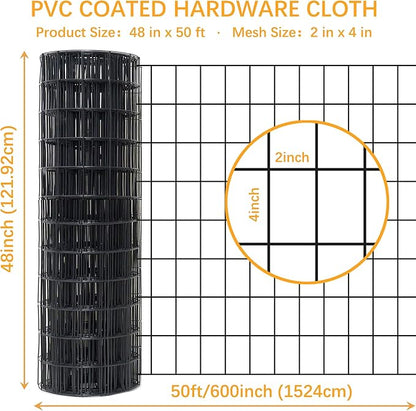 Black Metal Garden Fence, 48inch(H) x 50ft(L), 2 inch x 4 inch,12.5GA 2/3/4/5/6 Ft Tall Chicken Wire PVC Coated Welded Wire Mesh Roll for Dogs Border Yard Vegetable Plant Protection Poultry Netting