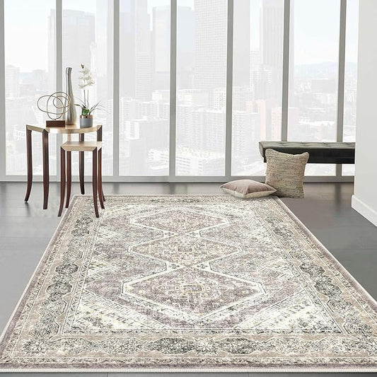 KUTA Area Rug 4x6 Living Room, Washable Rugs Oriental Distressed Tribal Ivory Grey Yellow Brown, Non-Slip Dining Room Carpet, Soft Low Pile Cozy Printed Medallion Throw for Bedroom Kitchen
