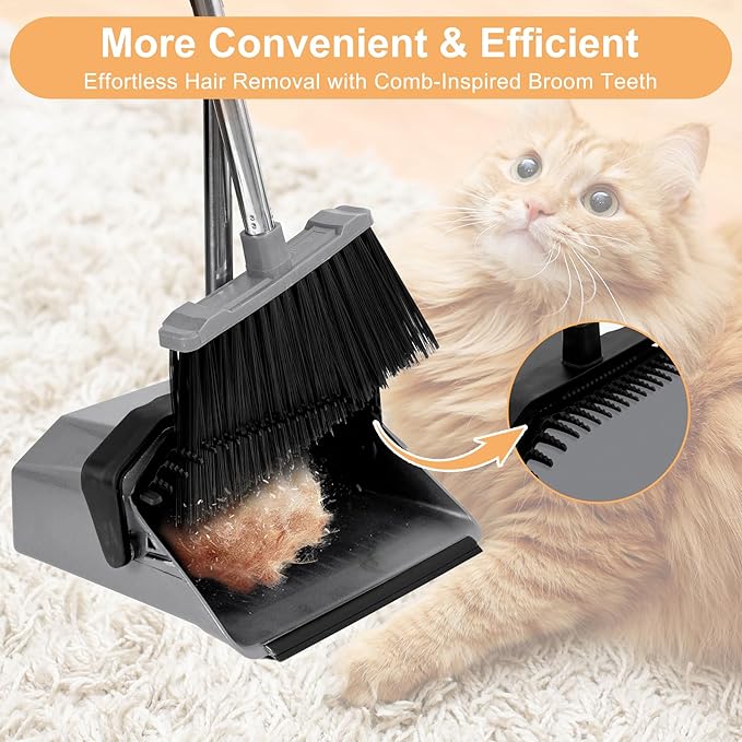 Broom and Dustpan Set, 51'' Broom with Dustpan Combo Set, Large Standing Dustpans Long Handle, Brooms and Dustpans for Restaurant Garage Floor Lobby Pet Hair Indoor Outdoor - Grey and Black