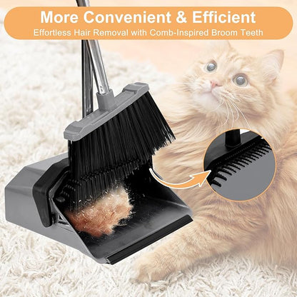 Broom and Dustpan Set, 51'' Broom with Dustpan Combo Set, Large Standing Dustpans Long Handle, Brooms and Dustpans for Restaurant Garage Floor Lobby Pet Hair Indoor Outdoor - Grey and Black