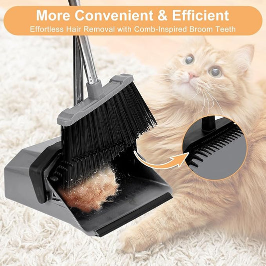 Broom and Dustpan Set, 51'' Broom with Dustpan Combo Set, Large Standing Dustpans Long Handle, Brooms and Dustpans for Restaurant Garage Floor Lobby Pet Hair Indoor Outdoor - Grey and Black