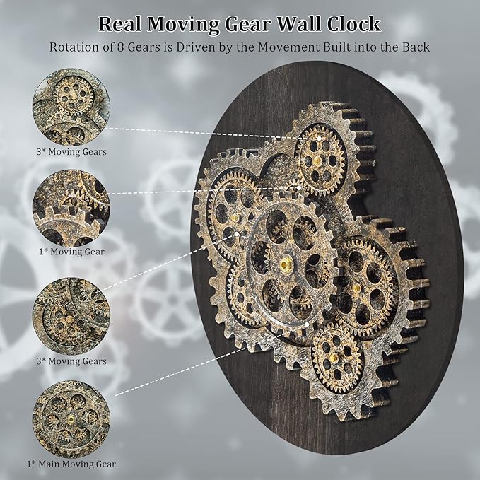 HOIBAI Large Wall Clock, 24 Inch Wall Clocks for Living Room Decor Farmhouse Vintage Rustic Kitchen Wall Decor Vintage Roman Big Oversized Wall Clock for Home Bedroom House Office, Moving Gears Clock