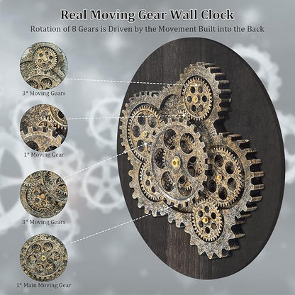 HOIBAI Large Wall Clock, 24 Inch Wall Clocks for Living Room Decor Farmhouse Vintage Rustic Kitchen Wall Decor Vintage Roman Big Oversized Wall Clock for Home Bedroom House Office, Moving Gears Clock