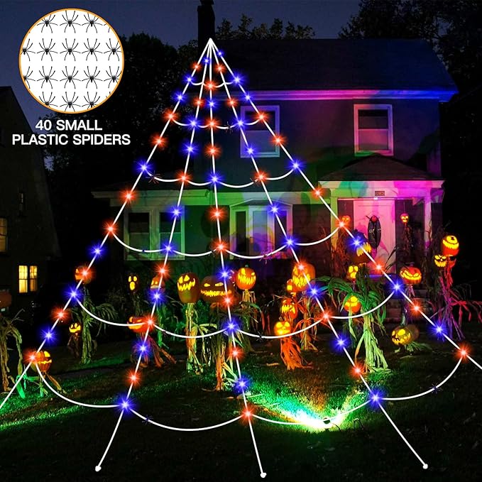 16.4 Ft Halloween Spider Webs Lights Decorations 250 Purple & Orange LED Lights with 40 Small Spiders, Halloween Giant Spiderweb Lights Outdoor Decor for Yard Haunted House Party