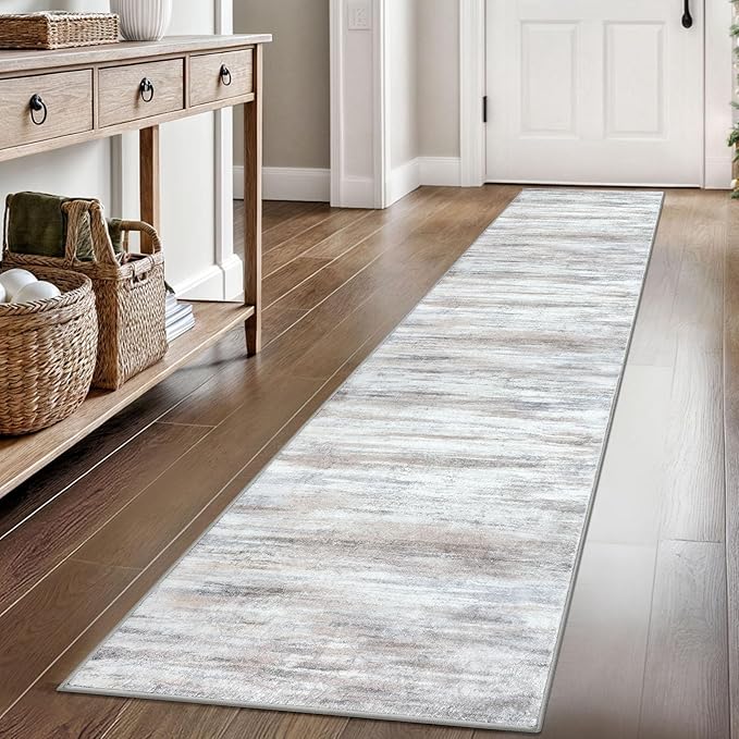 KOZYFLY Modern Abstract Hallway Runner Rug, 2x8 Kitchen Rugs Non-Slip Washable Soft Striped Kitchen Runner Rugs, Print Beige Carpet Runner for Entryway Bathroom Laundry Room Foyer