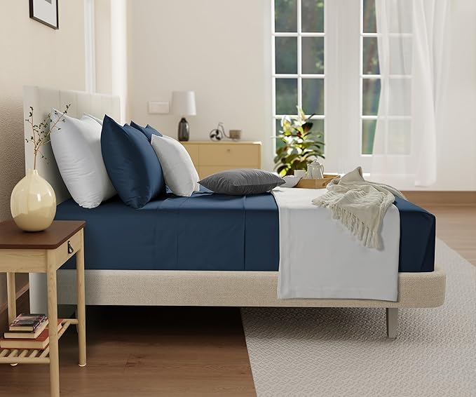 100% Organic Cotton Sheets For King Size Bed, 300 Thread Count Deep Pocket King Sheet Set, Elasticated Sheet & Pillowcase Sets, No Pill & Shrink, Soft & Comfy Naturally Cool & Breathable- Navy