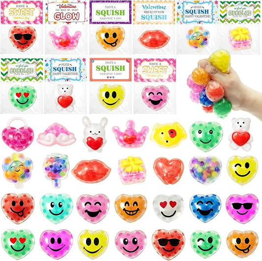 28 Pack Valentines Day Gifts for Kids, Valentines Squishy Stress Balls with Valentine Cards Classroom Prizes Exchange Gifts Prizes Valentines Day Gifts for Kids Boy Girl Valentine Party Favors