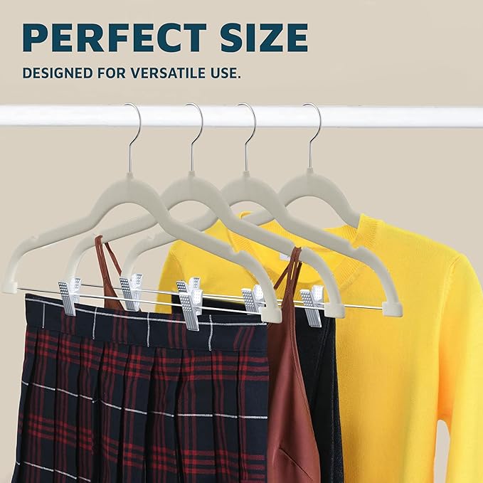 Velvet Skirt Hangers – with Adjustable Clips, 360 Degree Swivel Hook, and Non-Slip Shoulder Notch, Holds Up to 10 lbs, for Organizing Skirt, Pants, Dress, and Clothes, Pack of 20, Ivory