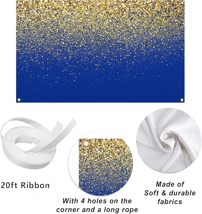 Blue and Gold Glitter Backdrop 7x5ft Elegant Photo Booth Background for Birthday, Wedding, Graduation, Anniversary & New Year Party Decorations, Luxury Event Banner