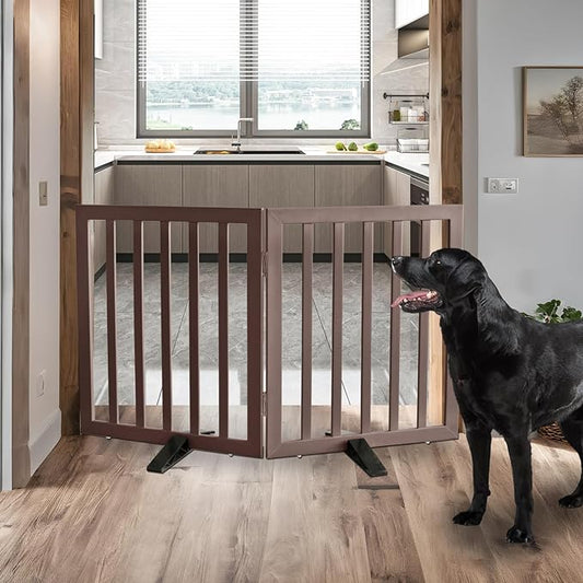 Dog Gate Indoor, Freestanding Dog Fence for The House, Doorways, Hallways,or Stairs,Pet Gate Foldable Wooden,Expandable 24" Height 2 Panels,Brown