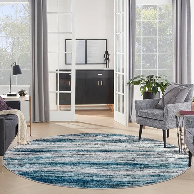 KOZYFLY Round Washable Rugs 6Ft Modern Abstract Ombre Rug for Bedroom, Washable Circle Rug Non-Slip Soft Striped Living Room Area Rug, Print Blue Carpet for Laundry Nursery