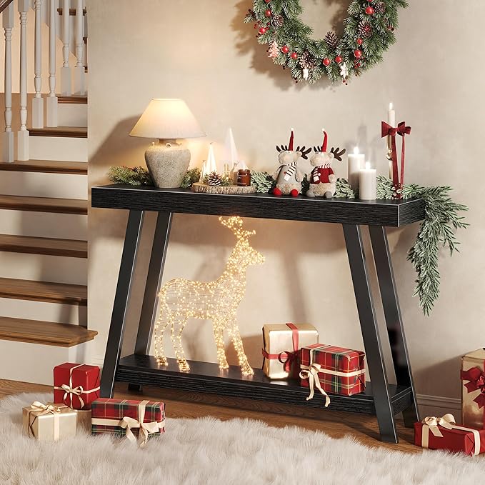 Huuger Console Table with Charging Station, USB-C Port, 2 Tiers Entryway Table, 47.2 Inch Sofa Table with Metal Legs, Entry Hallway Table with Thicker Desktop, Modern Behind Couch Table, Black