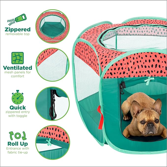 Furhaven Portable Dog Playpen Cat Tent, Pet Playground,Kennel Foldable Indoor Outdoor Zippered Puppy Crate - Green & Pink, Extra Large