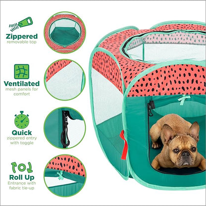 Furhaven Portable Dog Playpen Cat Tent, Pet Playground,Kennel Foldable Indoor Outdoor Zippered Puppy Crate - Green & Pink, Extra Large