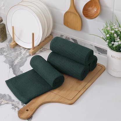 Kitinjoy 100% Cotton Waffle Weave Kitchen Towels, 4-Pack Super Soft and Absorbent Dish Towels for Drying Dishes, Kitchen Hand Towels, 13 in x 28 in, Blackish Green