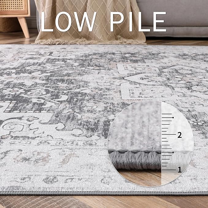 GENIMO 5x7 Area Rugs for Living Room, Machine Washable Rug, Non Slip Indoor Vintage Rug, Low Pile Lightweight Chenille Print Carpet for Bedroom Dining Room Home Office, Gray