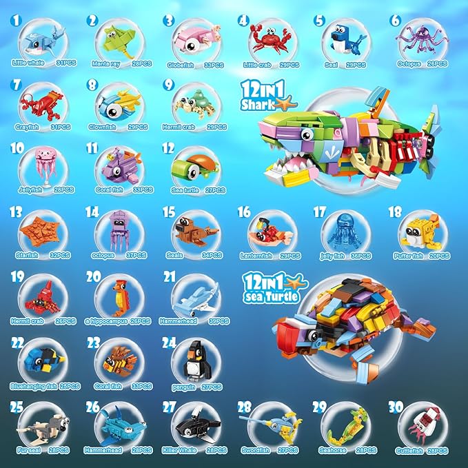 30 Packs Ocean Party Favors for Kids 895 PCS Mini Marine Animals Building Blocks for Goodie Bag Stuffers Bulk Classroom Prizes Easter Basket Birthday Party Favors for Boys Girls Ages 6-8-12