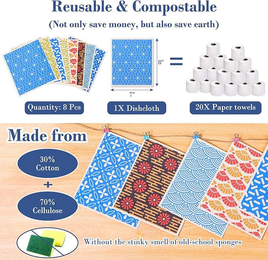 Lucomb 8 Pack Swedish Dishcloths for Kitchen, Reusable Dish Cloth Kitchen Towels Absorbent Sponges Fast Drying Swedish Dish Cloth for Washing Dishes Countertops Tables Cleaning