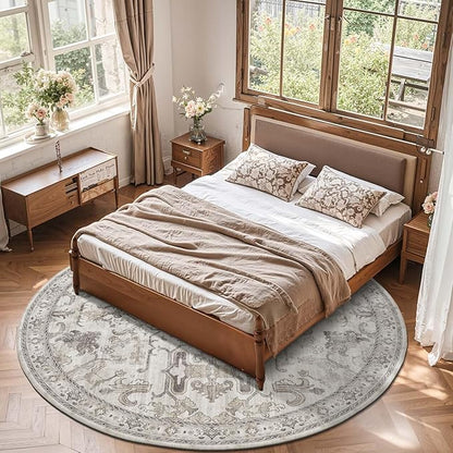 jinchan Round Rug 7ft Area Rug Vintage Floor Mat Kitchen Indoor Ultra-Thin Soft Floral Print Washable Circle 7' Accent for Farmhouse Non Slip Dining Room Living Room Bedroom Office Taupe