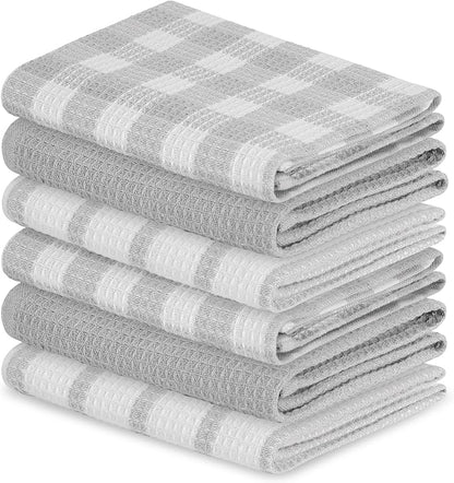 Blue Needles Waffle Weave Kitchen Towels, 15x25 Inches 100% Cotton Set of 6 Dish Cloths for Kitchen, Ultra Soft & Absorbent with Hanging Loop, Dish Rags for Quick Drying, Assorted - Ash Grey
