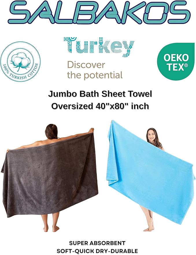 SALBAKOS 100% Turkish Cotton Jumbo Bath Sheet Towel Oversized 40x80 inch | Premium Hotel & Spa Quality, Soft, Absorbent, XL Bath Towels | Made in Turkey (Pack of 1, White, Jumbo Bath Sheet)