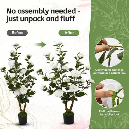 40" Artificial Camellia Tree 2 Pack,Faux Floral Plant Fake Trees with White Blooming Flowers,Artificial Plants Greenery Potted Plant for Outdoor Indoor Home Porch Decor