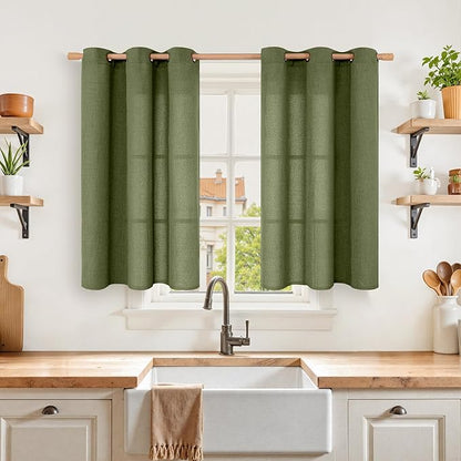 YoungsTex Olive Linen Curtains 40 Inch Length for Kitchen Window, Dark Green Short Light Filtering Drapes Semi Sheer with Bronze Grommet for Bathroom Windows, 2 Panels, 42 X 40 Inch