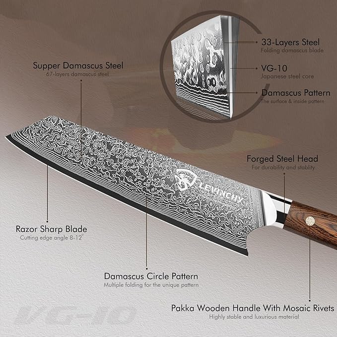 Damascus Chef Knife 8 inch with Ergonomic Pakka Wood Handle, Professional Japanese Damascus Steel Kitchen Knife
