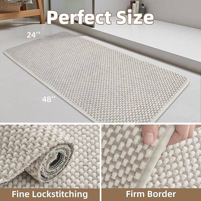 PADOOR-Bath Mat Runner-Super Absorbent Chenille Bathroom Mats-Rubber Backed Bath Mats for Bathroom Non Slip, Easy Clean Bathroom Runner Rugs Front of Bathtub,Shower Room,Sink-24×48, Beige&Cream