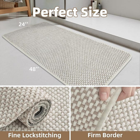 PADOOR-Bath Mat Runner-Super Absorbent Chenille Bathroom Mats-Rubber Backed Bath Mats for Bathroom Non Slip, Easy Clean Bathroom Runner Rugs Front of Bathtub,Shower Room,Sink-24×48, Beige&Cream
