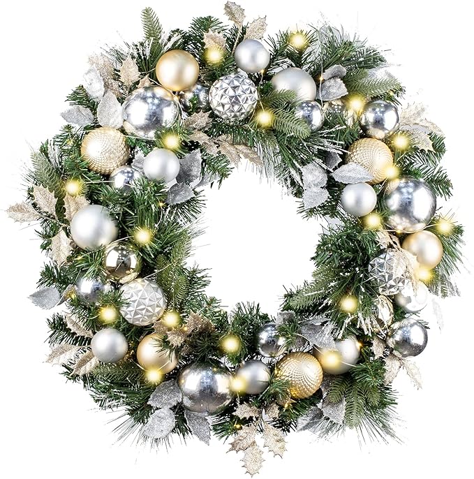 WANNA-CUL Pre-Lit 30 Inch Large Christmas Wreath for Front Door with 50 Led Lights,Champagne Gold Lighted Christmas Door Wreath Decor with Ball Ornaments, Battery Operated