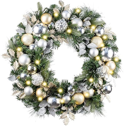 WANNA-CUL Pre-Lit 30 Inch Large Christmas Wreath for Front Door with 50 Led Lights,Champagne Gold Lighted Christmas Door Wreath Decor with Ball Ornaments, Battery Operated