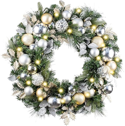 WANNA-CUL Pre-Lit 30 Inch Large Christmas Wreath for Front Door with 50 Led Lights,Champagne Gold Lighted Christmas Door Wreath Decor with Ball Ornaments, Battery Operated