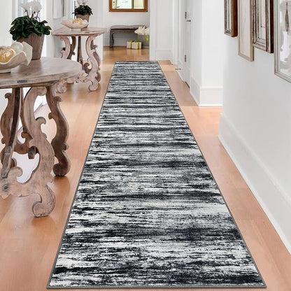 KOZYFLY Modern Abstract Washable Rug Runner 2.6x16 Hallway Rug Runner Non-Slip Soft Kitchen Runner Rugs, Black Navy Blue Grey Striped Carpet for Entryway Bathroom Laundry Room Foyer