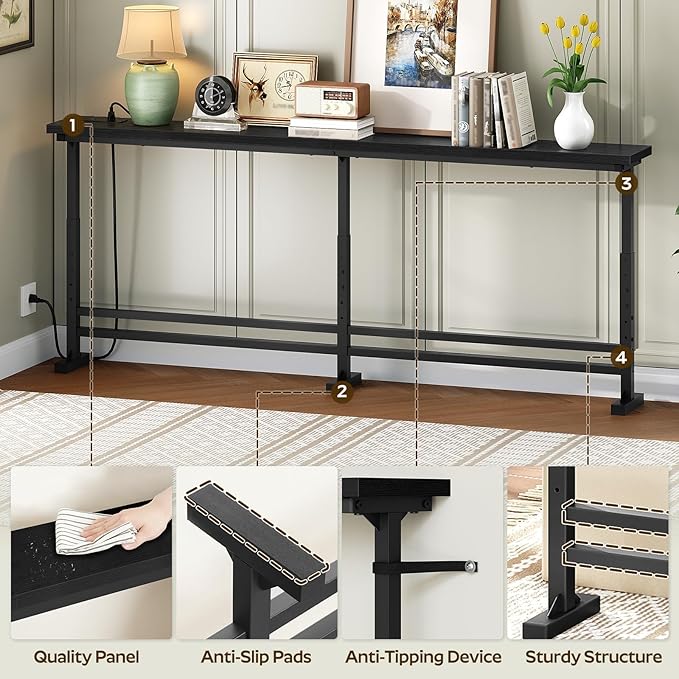 70.9" Console Table with Adjustable Height (27.6"-35.4") and Power Outlet, Skinny Behind Couch Table, Narrow Long Sofa Table for Living Room, Hallway, Entryway, Black CT08UBB