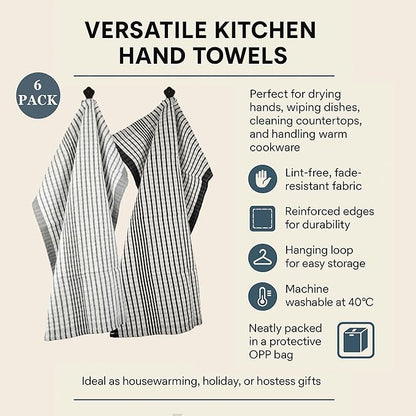 6 Pack Cotton Kitchen Towels – 29.5 x 19.5 Inches Grey & White Checkered Tea Towels, Absorbent Dish Cloths & Kitchen Drying Towels, Quick-Dry Hand Towels with Hanging Loop, Durable, Woven Design