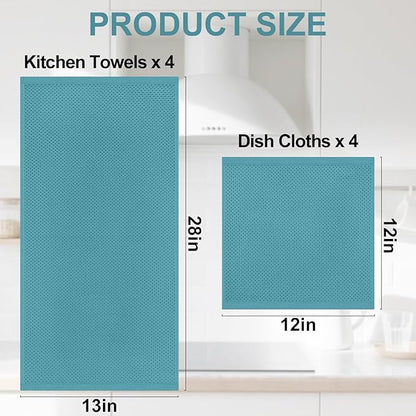 Homaxy 100% Cotton Kitchen Towels and Dishcloths Set, 12 x 12 Inches and 13 x 28 Inches, Set of 8 Bulk Kitchen Towels Set, Ultra Soft Absorbent Dish Cloths for Washing Dishes, Lake Blue