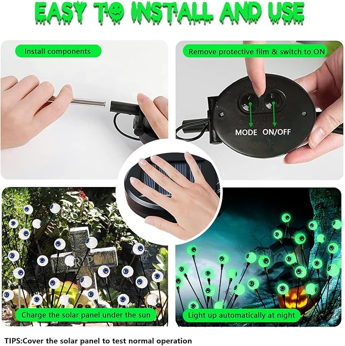 4 Pack Solar Halloween Lights Outdoor, Solar Eyeball Lights, 24 LED Green Eyeball Swaying Light with 2 Lighting Modes, Waterproof Outdoor Halloween Decorations for Walkway Yard Lawn Horror Party