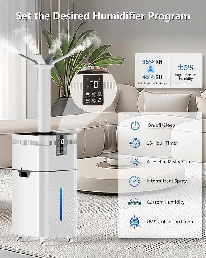 Humidifier Large Room, 30L/7.93Gal Commercial Humidifier 4200 sq.ft, 3000ml/H Cool Mist Humidifiers with Top Fill, 4 Mist Mode,Timer for Plants, Office, Warehouse & Greenhouse