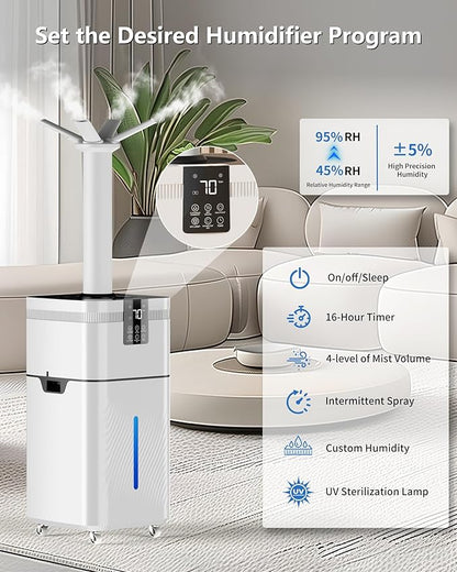 Humidifier Large Room, 30L/7.93Gal Commercial Humidifier 4200 sq.ft, 3000ml/H Cool Mist Humidifiers with Top Fill, 4 Mist Mode,Timer for Plants, Office, Warehouse & Greenhouse